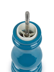 Peugeot Paris u'Select Pacific Blue Lacquered Salt Mill, 7 inches, showing internal spindle and collar for precise salt crushing, cap removed.
