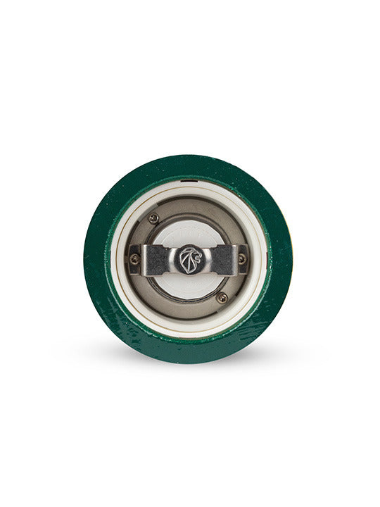 Peugeot | Paris U'Select Forest Green Salt Mill, 7 inches, showcasing its ceramic burr and metal adjustment bracket for precise, customizable grinding.