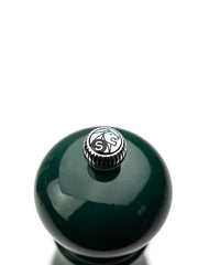 Peugeot | Paris U'Select Forest Green Salt Mill, 7 inches, featuring a glossy, dark-green top with a lion-stamped metal knob, offering adjustable grinding precision.