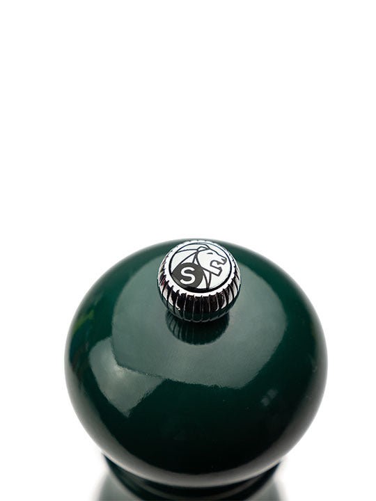 Peugeot | Paris U'Select Forest Green Salt Mill, 7 inches, featuring a glossy, dark-green top with a lion-stamped metal knob, offering adjustable grinding precision.