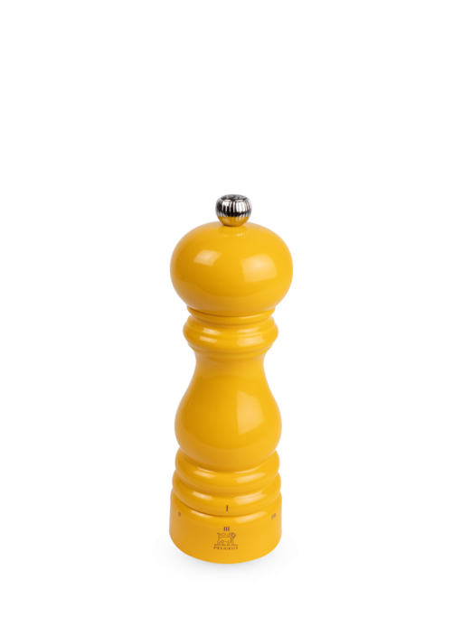 Peugeot | Paris U'Select Saffron Pepper Mill, 7 inches: A vibrant yellow, hourglass-shaped spice grinder with a metal knob, offering precision grind settings.