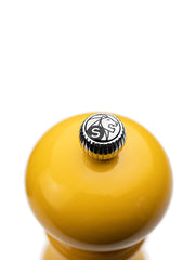 Peugeot Paris U'Select Saffron Salt Mill, 7 inches, featuring a lion-stamped knob for adjustable grinding. Perfect for enhancing culinary experiences with fine powdered salt.