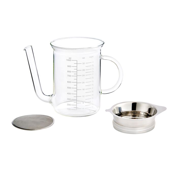 Roasting Glass Fat Separator with Gravy Strainer alongside a glass teapot and bowl, ideal for precise kitchen tasks and enhancing culinary experiences.
