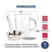 Roasting Glass Fat Separator with Gravy Strainer displayed alongside a measuring cup, ideal for precise cooking in the kitchen.