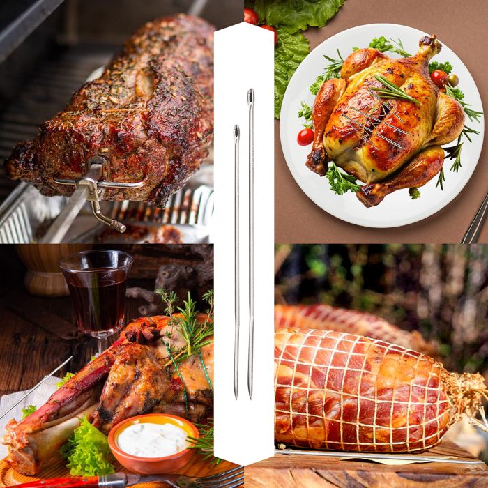 Collage featuring Harold Imports Trussing Needles with various meats, highlighting their use in securing meats while roasting, perfect for culinary enthusiasts and kitchen experts.