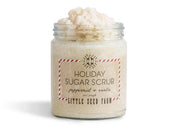 Little Seed Farm - Holiday Sugar Scrub jar, featuring peppermint and vanilla scent, with essential oils for exfoliating and hydrating skin, ideal for festive self-care.