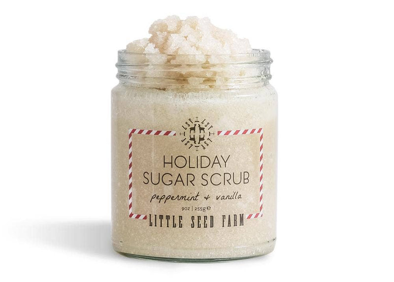 Little Seed Farm - Holiday Sugar Scrub jar, featuring peppermint and vanilla scent, with essential oils for exfoliating and hydrating skin, ideal for festive self-care.