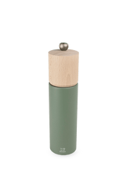 Peugeot Boreal Salt Mill in Sage Green, featuring a matte-green metal body, beech-wood cap, and adjustable metal knob for precise salt grinding.