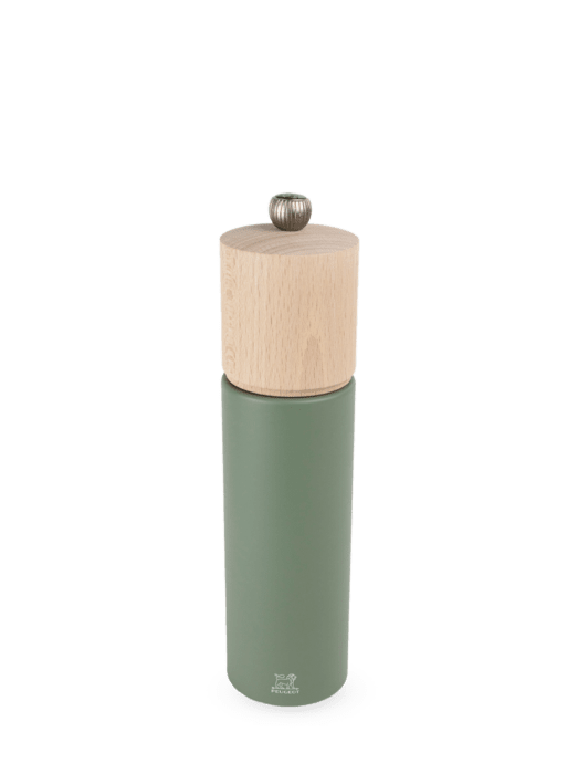 Peugeot Boreal Salt Mill in Sage Green, featuring a matte-green metal body, beech-wood cap, and adjustable metal knob for precise salt grinding.