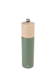 Peugeot | Boreal Pepper Mill, Fern Green: Olive-green metal body with natural wood top, adjustable knob, and durable steel mechanism for customized grinding.