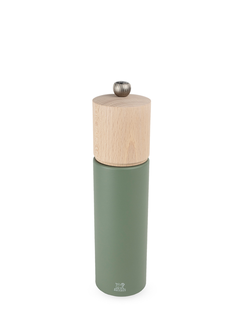 Peugeot | Boreal Pepper Mill, Fern Green: Olive-green metal body with natural wood top, adjustable knob, and durable steel mechanism for customized grinding.
