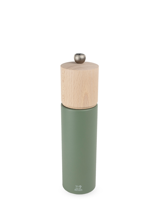 Peugeot | Boreal Pepper Mill, Fern Green: Olive-green metal body with natural wood top, adjustable knob, and durable steel mechanism for customized grinding.