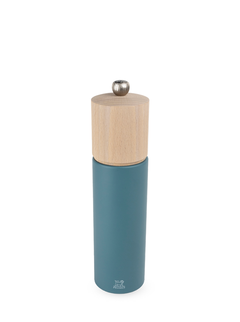 Peugeot | Boreal Pepper Mill in Celestial Blue with natural wood top, showcasing a sleek design and durable, lifetime-guaranteed mechanism, perfect for enhancing any kitchen.