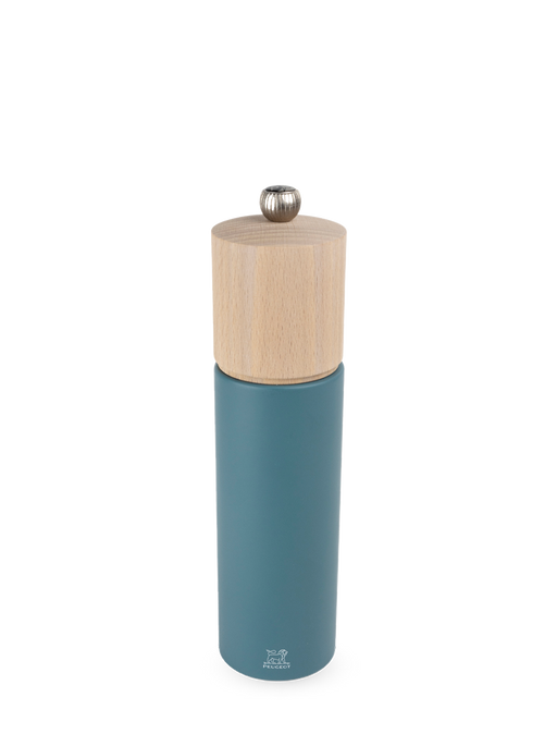 Peugeot | Boreal Pepper Mill in Celestial Blue with natural wood top, showcasing a sleek design and durable, lifetime-guaranteed mechanism, perfect for enhancing any kitchen.