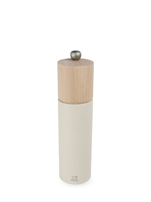 Peugeot | Boreal Salt Mill, Feather White: A sleek, light wood top and cream metal body salt grinder with adjustable grind settings. Ideal for modern kitchens.