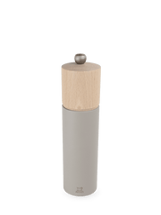 Peugeot Boreal Salt Mill with a matte-gray body and light-wood top, featuring an adjustable grind knob and Peugeot's lion logo at the base.