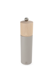 Peugeot | Boreal Salt Mills, Pebble Gray: A sleek, cylindrical spice mill with a natural wood top, designed for grinding dry rock salt crystals efficiently.