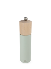 Peugeot | Boreal Salt Mills, Sage Green: A tall, cylindrical mill with a muted-green base and light-wood top, featuring adjustable grind and Peugeot logo.