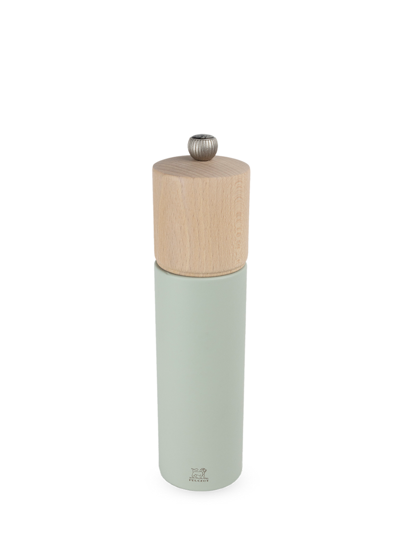 Peugeot | Boreal Salt Mills, Sage Green: A tall, cylindrical mill with a muted-green base and light-wood top, featuring adjustable grind and Peugeot logo.