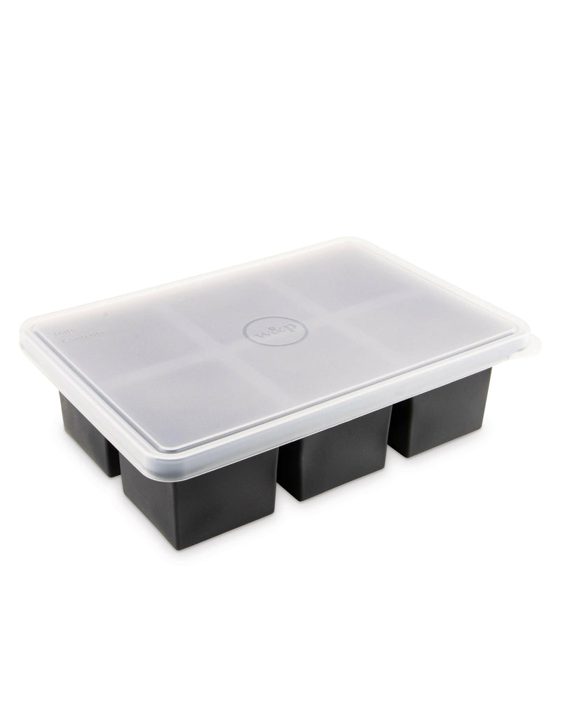 W&P | Cup Cube Silicone Food Storage Meal Prep - 6 Cube - Charcoal, featuring a sturdy silicone body with measurement markings for freezing and easy portioning.