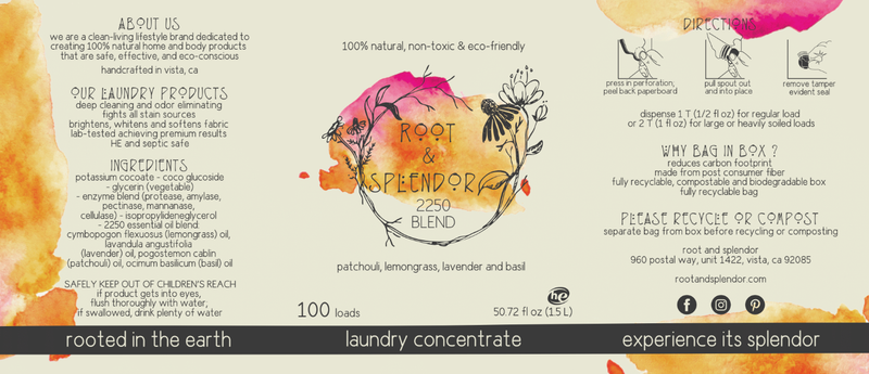 Root & Splendor's Laundry Soap Concentrate - Hush - 1.5L, eco-friendly and ultra-concentrated, shown with a unique puzzle piece logo reflecting its natural formulation.