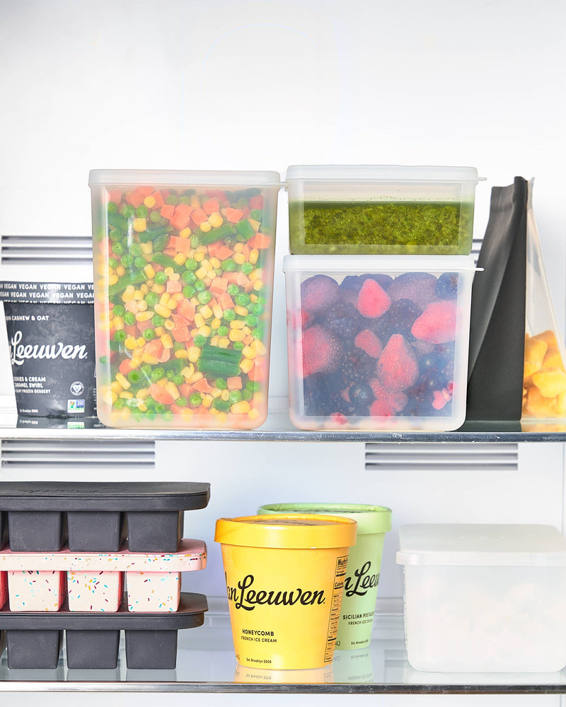 W&P - Freezer Cube Storage Containers: Set of 3 - Small/Medium/Large, displayed on a shelf, showcasing stackable, transparent containers ideal for efficient freezer storage.