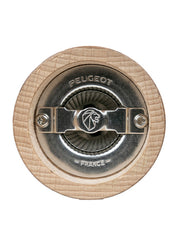 Underside of Peugeot | 1874 Manual Wooden Salt Mill, showcasing the metal grinding mechanism stamped PEUGEOT and FRANCE with a lion logo, highlighting craftsmanship.