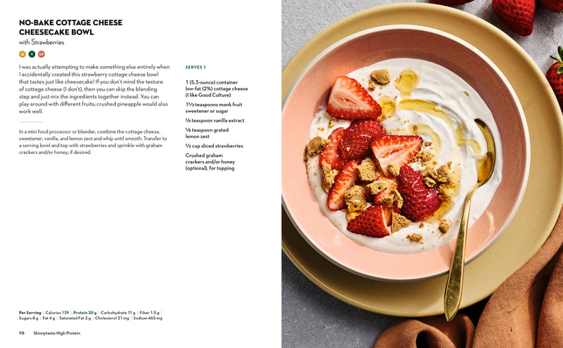 Penguin Random House LLC - Skinnytaste High Protein cookbook spread featuring a no-bake cottage cheese cheesecake bowl with strawberries, recipe instructions, and nutrition details.