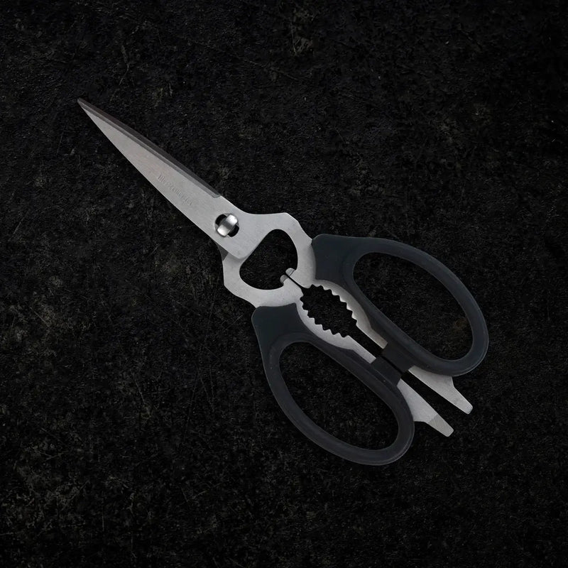Messermeister - Take-Apart Kitchen Scissors - 8: Red, featuring black handles and multifunctional design for versatile kitchen tasks, suitable for both left and right-handed users.