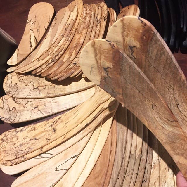 Petermans Boards and Bowls Inc. - SMALL SPALTED MAPLE SALAD TOSSERS (9 PAIR), artisanal and sustainably crafted, featuring elegant spalted maple wood with unique lines and a smooth grain.