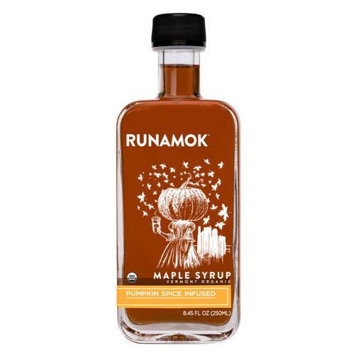 Runamok - Pumpkin Spice Infused Organic Maple Syrup in a glass bottle with autumnal label, ideal for enhancing fall recipes like lattes and pancakes.
