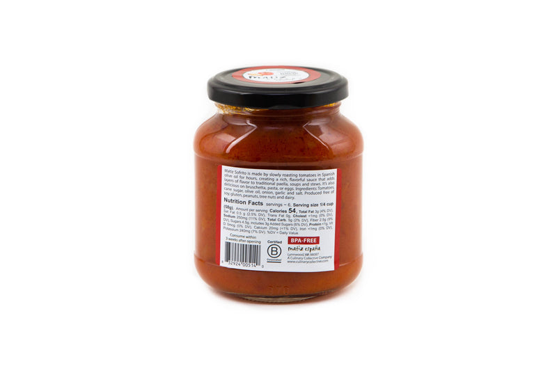 Matiz - Matiz Paella Sofrito - 12.3oz Jar: A clear glass jar with black lid, showcasing Spanish tomato sauce made with slow-roasted tomatoes and olive oil, ideal for paella.