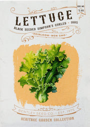 Bentley Seed Co. Lettuce-Black Seed Simpsons Curled 1885 seed packet features vintage art of frilly lettuce. Ideal for salads, 600 mg, $3.99.