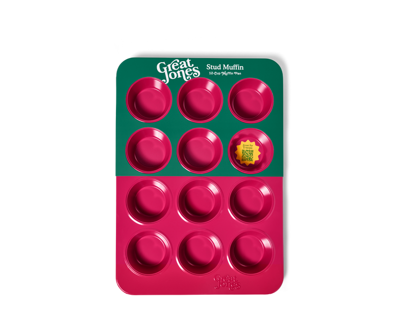 Great Jones | Stud Muffin - Blueberry: A nonstick, nontoxic muffin pan designed for 12 standard muffins, featuring even heat distribution and quick release. Ideal for baking enthusiasts.