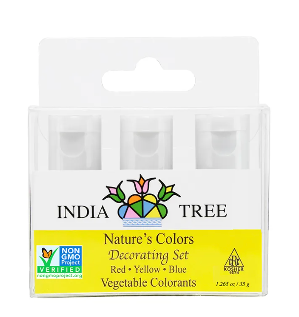 India Tree - Nature's Colors Decorating Set: 2.25 oz package, featuring plant-based food colors for natural icing hues, visible in white containers with yellow text.