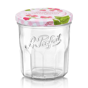 Le Parfait | Faceted French Jam Jar, 385ml (13oz) featuring a sturdy, faceted glass body with a pink gingham, strawberry motif metal lid, ideal for jams or drinks.
