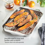 Hestan Oven Bond Tri-Ply Quarter Sheet Pan with glazed sweet potato wedges on the rack, showcasing oven-safe durability and even heat distribution for perfect roasting.