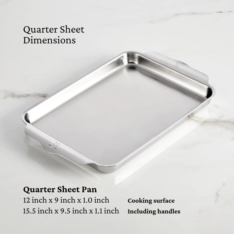 Hestan | Oven Bond Tri-Ply Bakeware, Quarter Sheet Pan with wide handles, brushed stainless steel, 15.5 x 9.5 overall size, ideal for even heat distribution.