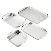 Hestan | Oven Bond Tri-Ply 5 Piece Set: Four stainless-steel bakeware pieces, including a baking sheet, wire rack, rectangular, and square pans, featuring brushed-metal finish and integral handles.