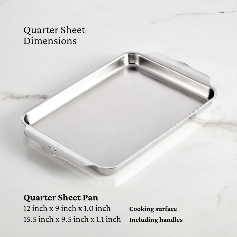 Hestan | Oven Bond Tri-Ply quarter sheet pan with curved handles, crafted for durability and even heat distribution, ideal for baking and roasting in professional kitchens.