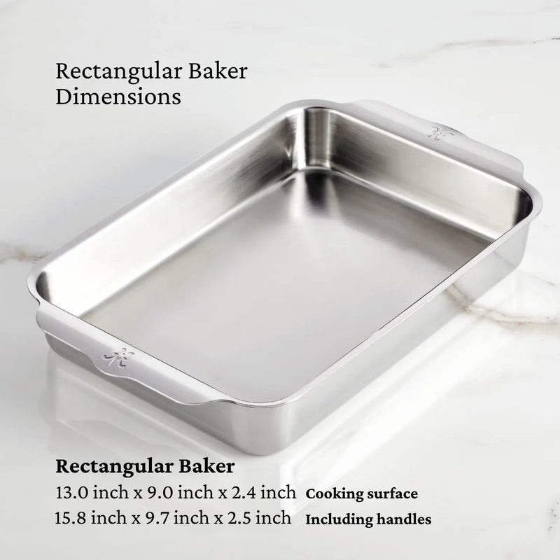 Hestan Provisions | Oven Bond Tri-Ply 5 Piece Set: stainless-steel rectangular baker with wide handles, showcasing dimensions and craftsmanship for even heat distribution and durable performance.