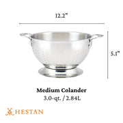 Hestan Provisions | Stainless Steel Colanders, 5 Quart: Stainless-steel colander with handles, flared base, 3-quart capacity, ideal for draining pasta and rinsing produce.