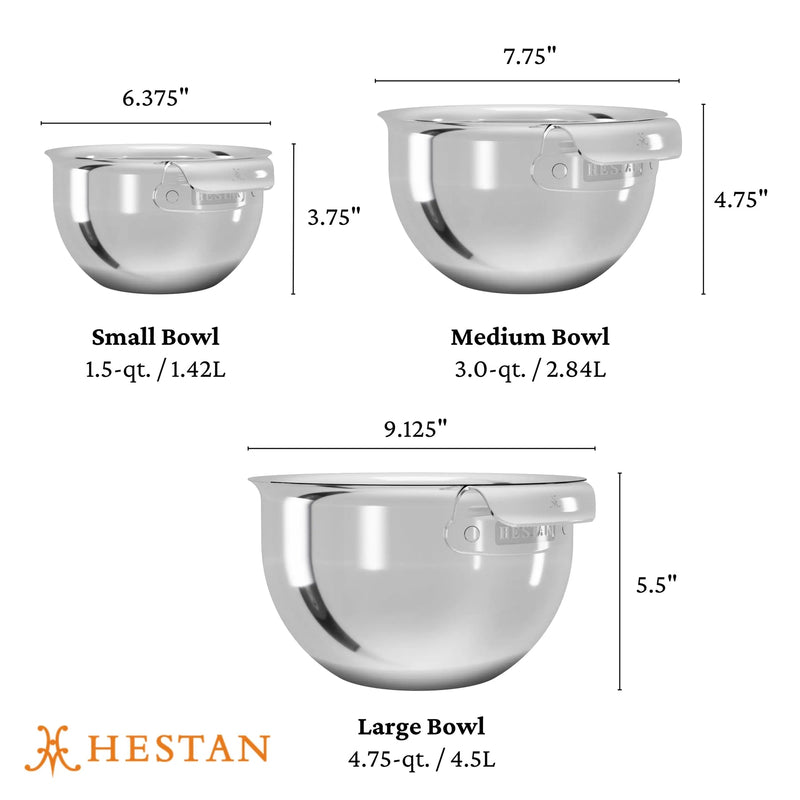 Hestan Provisions | Stainless Steel Mixing Bowl Set, 3 pc, showcasing three sizes with capacities and dimensions, ideal for versatile cooking needs and crafted for durability.