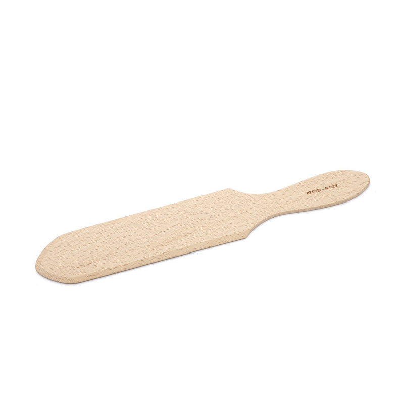 de Buyer | Crepe Spatula, a natural wood tool with an angled edge for flipping crepes, crafted from beechwood with an eco-friendly beeswax finish.