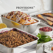Hestan Provisions | OvenBond Tri-Ply Bakeware 1-Pound Loaf Pan with lemon cake, showcasing stainless-steel craftsmanship alongside fruit crumble and sweet-potato wedges.