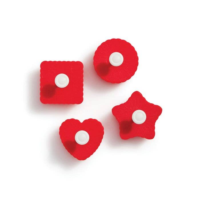 HIC - Harold Import Co. - King Arthur Thumbprint Cookie Cutters 4-Piece Set with heart, star, square, and round shapes, featuring spring-loaded levers for embossed designs.