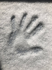 Havsnø Fine Kosher Norwegian Sea Salt on gray tray, featuring a pressed handprint in coarse crystals, perfect for versatile kitchen use.