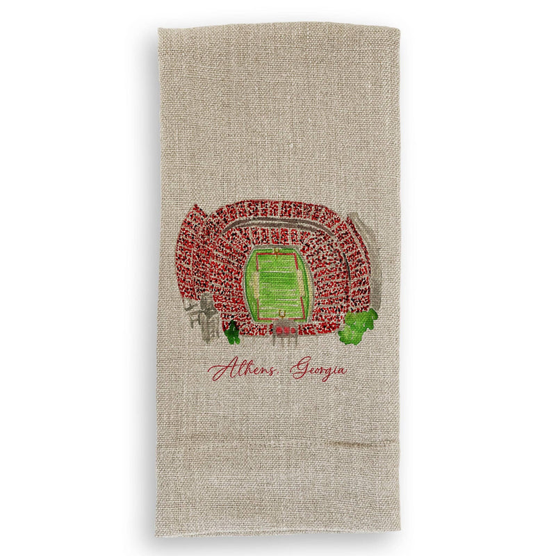 French Graffiti - Athens, Georgia Stadium: Natural Guest Towel featuring a bird’s-eye illustration of a football stadium with red stands, oak trees, and Athens, Georgia script.