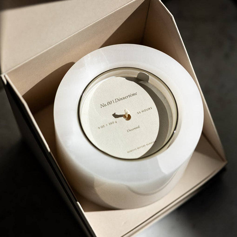 Last Candle Co - White Onyx Refillable Candle in box, featuring a minimalist design with a label for unscented, 9 oz, 55-hour burn time.