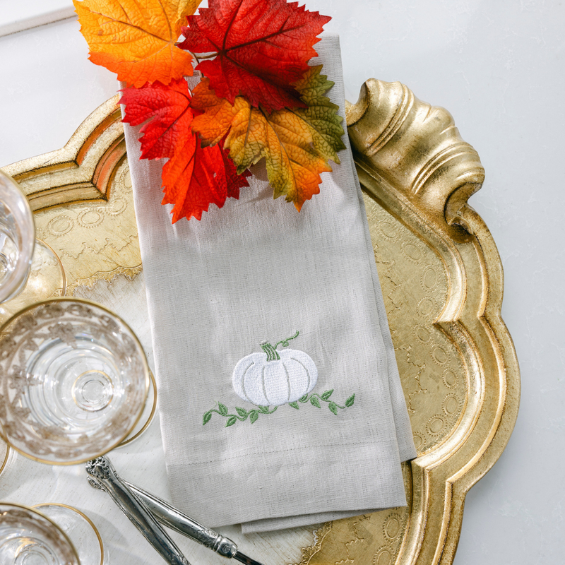 Crown Linen Designs | Pumpkin Linen Towel - Soft Flax features delicate floral embroidery, ideal for enhancing kitchen or bathroom elegance with European craftsmanship.